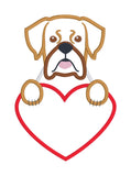 A valentine Applique of a Boxer dog with its paws on a heart shape by snugglepuppyapplique.com
