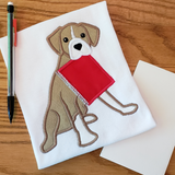 Boxer with Notebook back to school appliqué embroidery design, snugglepuppyapplique.com