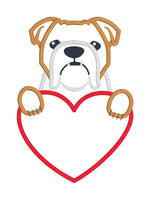 A Valentine applique of a bulldog with its paws on a heart by snugglepuppyapplique.com
