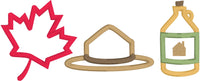 Canadian Trio maple leave, Mountie Hat and Maple syrup Canada Day applique Embroidery Design by snugglepuppyapplique.com