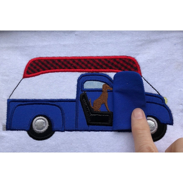 Ford truck appliqué embroidery design with canoe and dog, door opens, made ITH 3D, snugglepuppyapplique.com
