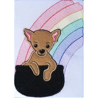 Chihuahua of Gold St. Patricks Day applique embroidery design, Chihuahua in a pot at end of rainbow, snugglepuppyapplique.com