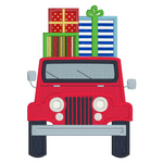 An applique of a jeep with presents on top by Snugglepuppyapplique.com