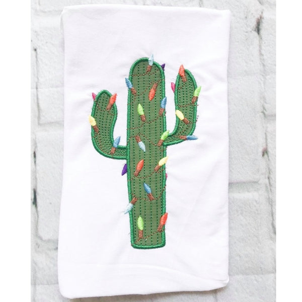 Saguaro cactus with Christmas lights applique embroidery design, snugglepuppyapplique.com
