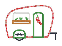an applique of a camper with cacti in the window box and a chilli pepper on the door and a mustache on the fender by snugglepuppyapplique.com