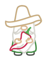 An applique of a gnome in a sombrero holding a chili pepper by snugglepuppyapplique.com