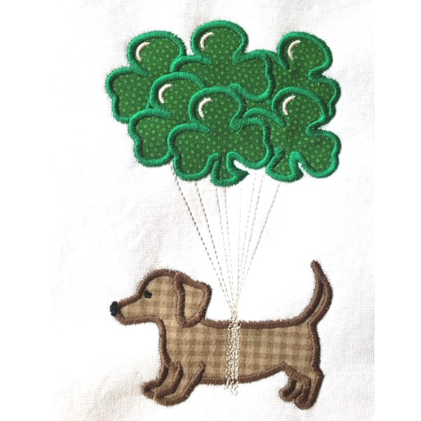 Pup with Clover balloons St. Patricks day applique embroidery design, snugglepuppyapplique.com