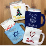 ITH embroidery design of 4 mugs, made to fit a packet of hot coco mix,  Christmas gift, Snugglepuppyapplique.com
