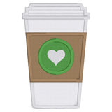 coffee applique embroidery design, paper cup of coffee with brown sleeve and heart, snugglepuppyapplique.com