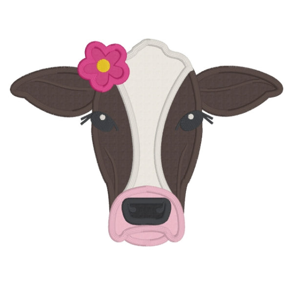 Cow applique embroidery design, cows face only with flower behind right ear, snugglepuppyapplique.com