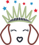 An applique of dachshund ears, nose and closed eyes  with lashes wearing a statue of liberty crown with embroided stars above, by snugglepuppyapplique.com