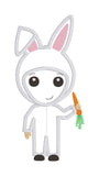 An applique of a cute kid in an Easter Bunny costume holding a carrot by snugglepuppyapplique.com