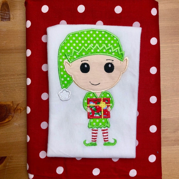 Christmas elf applique embroidery design, holding a present with hat and striped socks