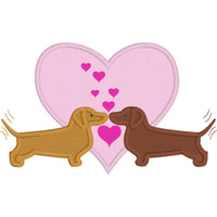 February Dachshund applique embroidery design, dachshunds nose to nose with hearts, valentine applique