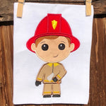 Fireman boy applique embroidery design, boys holding ax and wearing fire hat and clothing