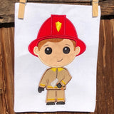 Fireman boy applique embroidery design, boys holding ax and wearing fire hat and clothing