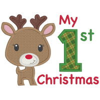 baby's first Christmas applique embroidery design, stylized reindeer with large number one and words "My 1st Christmas"