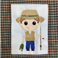 Fisherman boy applique embroidery design, boy with fish and fishing rod, hat and vest, snugglepuppyapplique.com