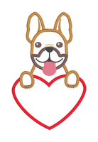 An applique of a French bulldog with its paws on a heart shape by snugglepuppyapplique.com  Edit alt text