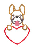 An applique of a French bulldog with its paws on a heart shape by snugglepuppyapplique.com  Edit alt text