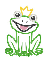 An applique of a smiling frog wearing a crown by snugglepuppyapplique.com