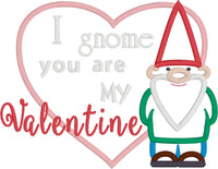 "I gnome you are my Valentine" Gnome Valentine applique embroidery design, Snugglepuppyapplique.com