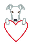 An applique of a greyhound dog with its paws on a heart Valentine design by snugglepuppyapplique.com  Edit alt text
