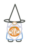 An applique of a gnome in a witch's hat holding a pumpkin by snugglepuppyapplique.com