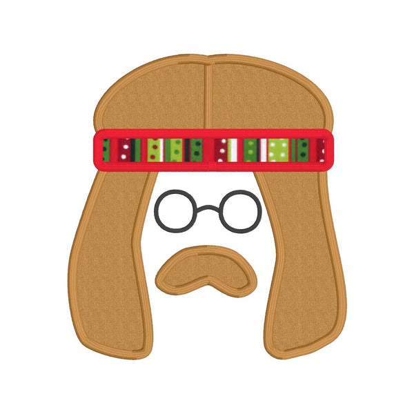 An applique of a hippy man with round glasses and a bandana headband by snugglepuppyapplique.com