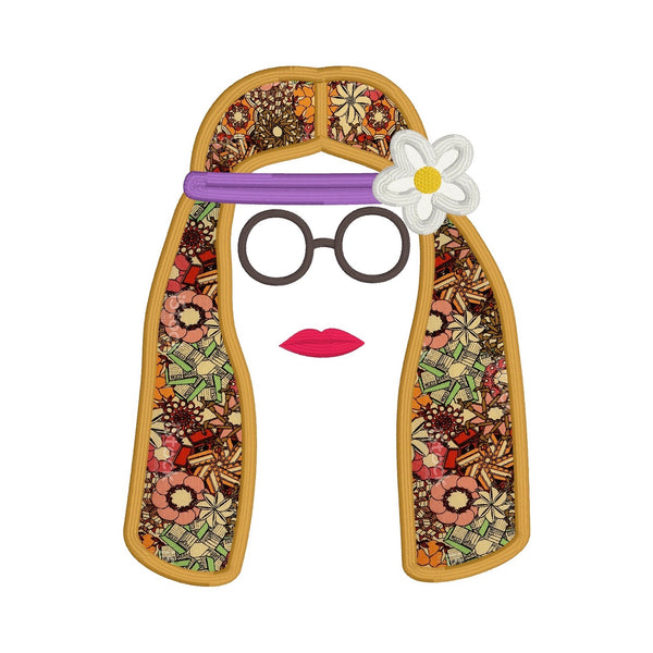 An applique of a hippy woman with a headband and flower and round glasses by snugglepuppyapplique.com