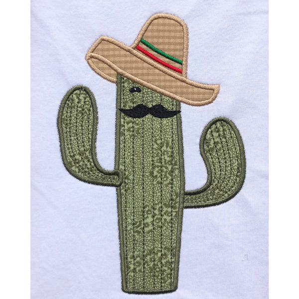Cactus wearing a sombrero Cinco de Mayo applique embroidery design, snugglepuppyapplique.com