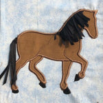 Horse applique embroidery design, horse with ribbon mane and tail, snugglepuppyapplique.com