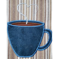 Hot Coffee applique embroidery design, steam makes a heart, snugglepuppyapplique.com
