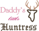 Deer applique embroidery design, Head and antlers of a deer with the words "Daddy's little Huntress" snugglepuppyapplique.com