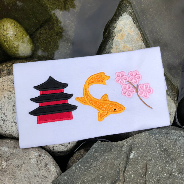 Japanese Trio temple, carp and cherry blossom applique embroidery design by snugglepupyapplique.com