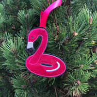 In the hoop Flamingo Pool floaty Christmas Ornament made of vinyl by snugglepuppyapplique.com