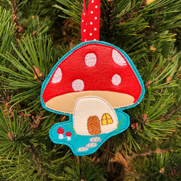 In the hoop mushroom fairy house Christmas  Ornament embroidery design by snugglepuppyapplique.com 