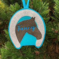 In the hoop horseshoe and horse personalized Christmas ornament by snugglepuppyapplique.com