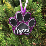 In the hoop vinyl paw personalized Christmas Ornament embroidery design by snugglepuppyapplique.com
