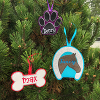 Set of 3 in the hoop vinyl pet ornaments. Dog bone, kitty cat paw and horseshoe with horse head embroidery design by snugglepuppyapplique.com