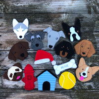 Set of dog felties by snugglepuppyapplique. husky, Labrador, Schnauzer, Boston Terrier, Dachshund, Greyhound, Pug ,Corgi, tennis ball, bone, doghouse, Santa hat, fire hydrant