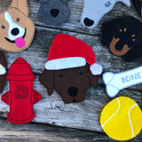 Felties, Fire hydrant, Labrador with Santa hat, Tennis ball, Dachshund, Corgi