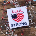 Zigzag Applique of face mask with words "USA STRONG" embroidered by snugglepuppyapplique.com