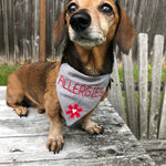 An in the hoop bandana with "Allergies" embroidered on it for pets by snugglepuppyapplique.com