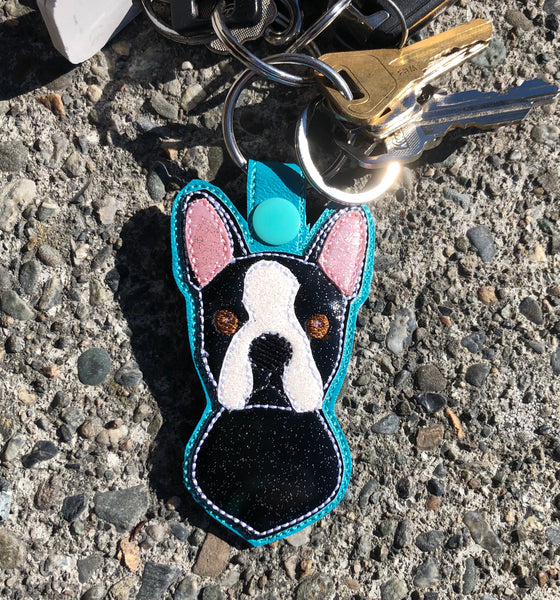 In the hoop Boston Terrier key fob embroidery design by Snugglepuppyapplique.com