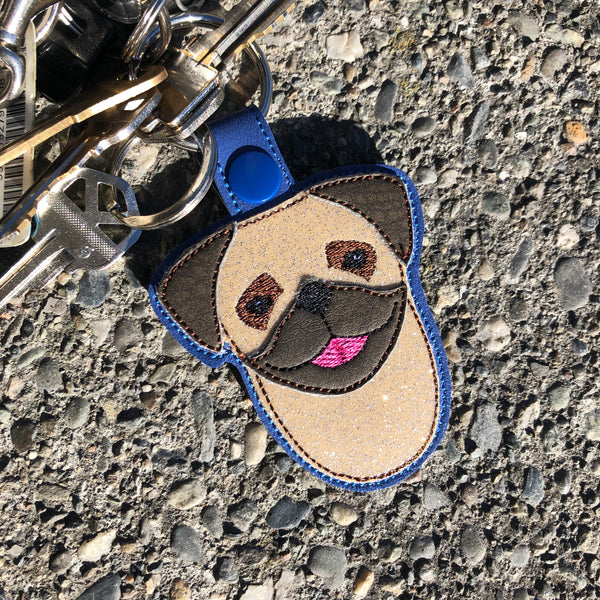 In the hoop Pug key fob snap tab  embroidery design by snugglepuppyapplique.com
