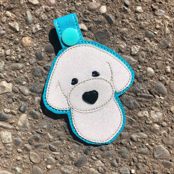 In the hoop Bichon Frise key fob snap tab embroidery design by snugglepuppyapplique.com