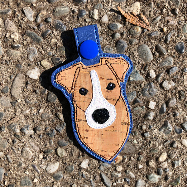 In the hoop Jack Russell key fob snap tab embroidery design by snugglepuppyappliue.com