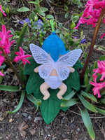 ITH Baby Bluebell Fairy Embroidery design, baby, freestanding lace butterfly wings, flower hat with embroidered ladybug, diaper, leaf bed, snugglepuppyapplique.com