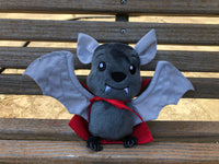 In the hoop Bat stuffy with Dracula cape embroidery design for machine embroidery use, snugglepuppyapplique.com